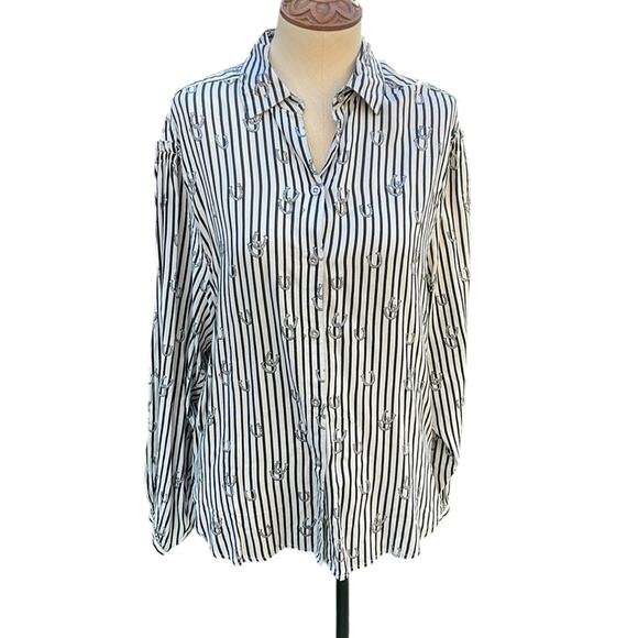New Cruel Denim Equestrian Horse Shoe Peasant Long Blouse Women's Size Medium - Picture 1 of 15